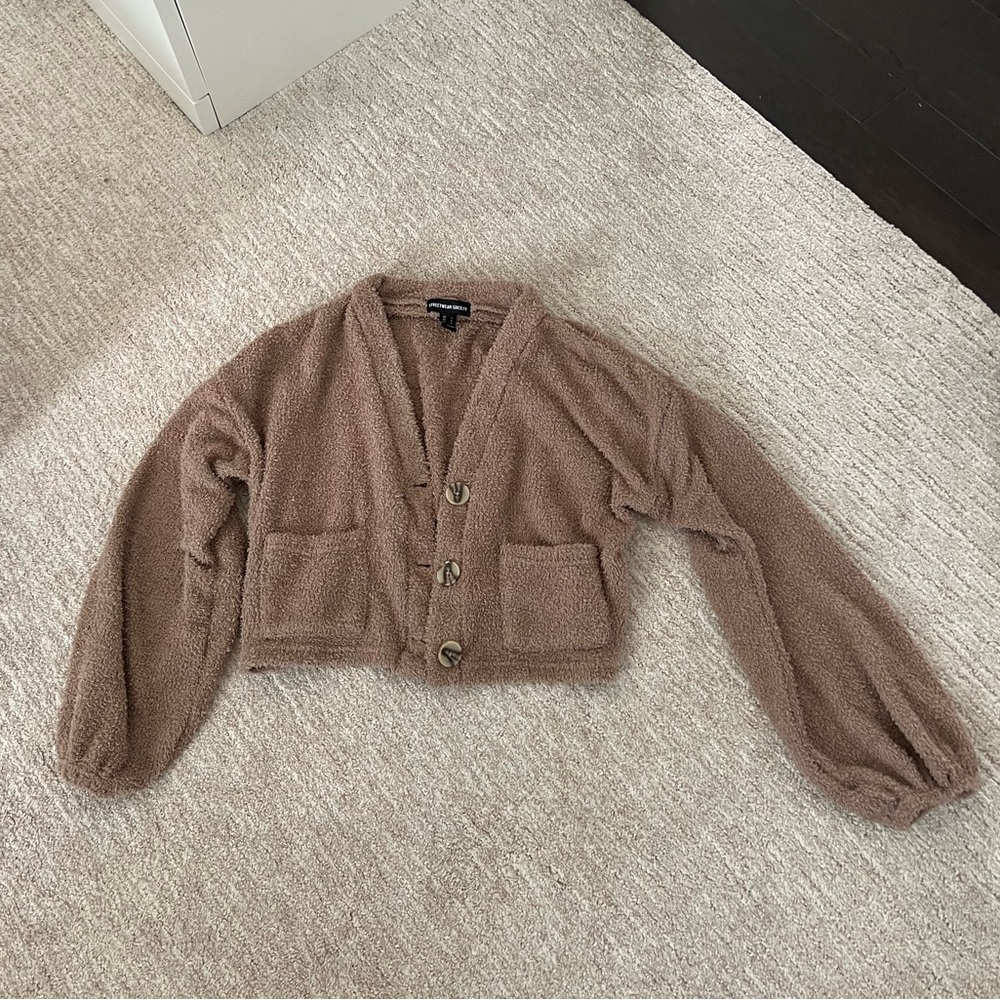 streetwear society soft fuzzy brown cropped cardigan
